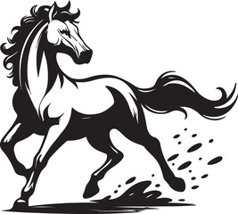 Dynamic black and white illustration of a galloping horse with flowing mane and tail