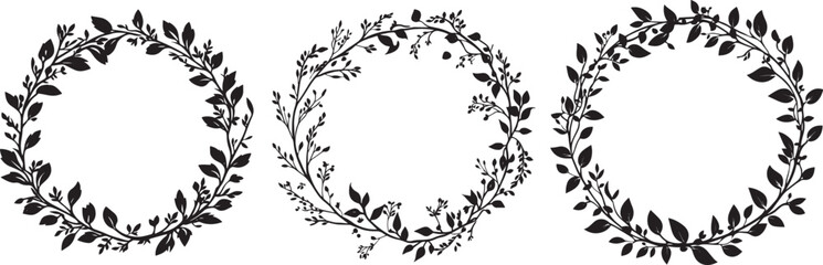Fototapeta premium Silhouette of Circular Flora Wreath With Detailed Edges Set vector
