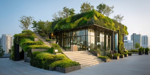 Fototapeta premium Green rooftop garden on modern office building, eco architecture and sustainability theme. 
