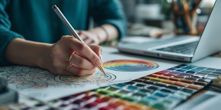 Designer sketching logo on paper beside color palette and laptop, creative branding process.