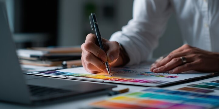Dise&ntilde;ador dibujando bocetos en papel junto a una paleta de colores y un ordenador port&aacute;til. Proceso de creaci&oacute;n de marca.