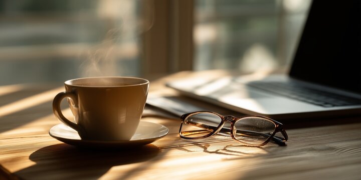 Escritorio con taza de caf&eacute;, ordenador port&aacute;til, gafas y luz solar matutina. Concepto de trabajo y equilibrio.