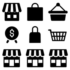 Small Business Icon Set — Storefront, Market, and Cash Register Design.