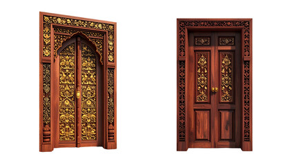 Set of intricately carved wooden temple doors isolated on transparent background.