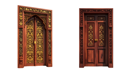 Set of intricately carved wooden temple doors isolated on transparent background.