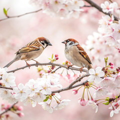 two sparrows perched on cherry blossom branch surrounded by pink and white flowers