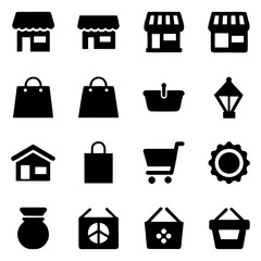 Storefront, Market, Sale Banner, Shelf, and Cash Register Icon on White Background.