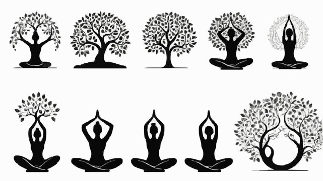 Vector set of yoga positions and tree silhouette icons nature plant illustration design