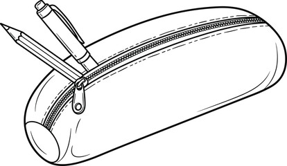 Black and white line art illustration of a pencil case with zipper, holding a pencil and pen, ideal for school supplies, stationery design, educational graphics, back to school themes, vector icon,