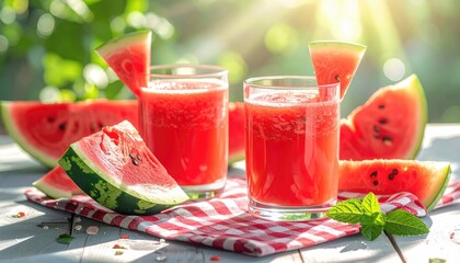 Two Refreshing Watermelon Juice Glasses Garnished With Slices And Mint Leaves On A White Tablecloth Outdoors With Sun Rays Filtering Through Greenery