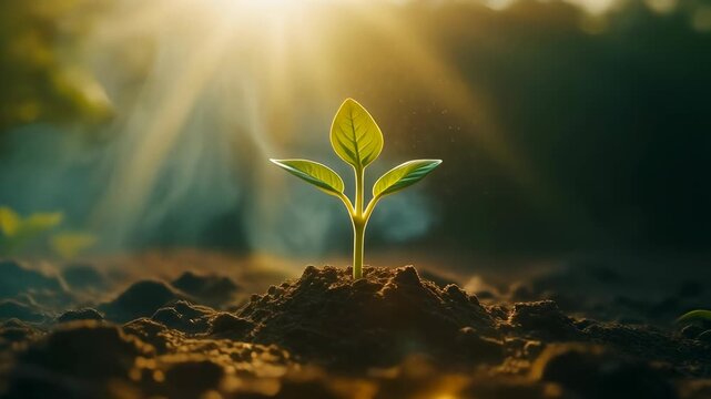 Timelapse of a small plant emerging from the ground, illuminated by golden sunlight.