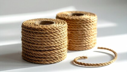 Two Spools of Natural Jute Twine Sit on a White Surface with Natural Light Casting Long Shadows Across the Scene