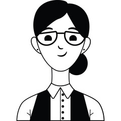 Simple Line Art Portrait of a Woman Wearing Glasses and a Vest Over a Collared Shirt with Her Hair Pulled Back on a Transparent Background