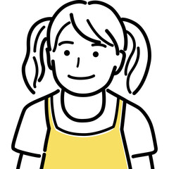 Simple Line Art Portrait Of A Young Girl With Pigtails Wearing A Yellow Apron And White Shirt Against A Transparent Background