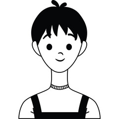 Simple Line Art Portrait of a Young Person with Short Black Hair and a Slight Smile Against a Transparent Background