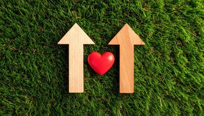 Two Wooden Arrows Pointing Upward Encircling a Red Heart Symbol on a Grassy Surface Illuminated by Natural Daylight