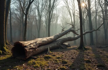 Obraz premium Fallen tree in forest clearing. Sunlight streams through leafless trees. Moss covers ground. Scene creates a peaceful eco-friendly natural vibe evoking a sense of calm.
