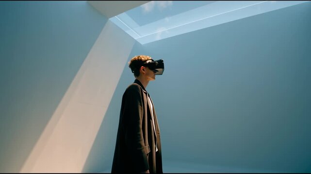 Man in virtual reality headset standing in bright minimalist room, immersive metaverse experience.