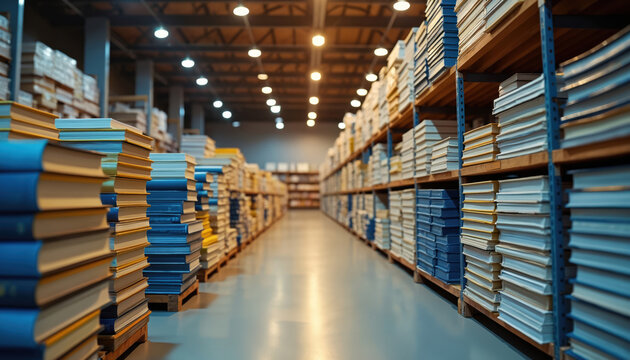 Long rows of books fill warehouse shelving system. Hardcover, softcover volumes stacked neatly awaiting distribution. Image represents book publishing supply chain logistics, inventory management.