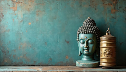 Teal Buddha statue head with prayer wheel on textured background. Asian religious object tranquility. Ancient buddha sculpture for meditation practice. Zen buddhism statue for inner peace. Still life