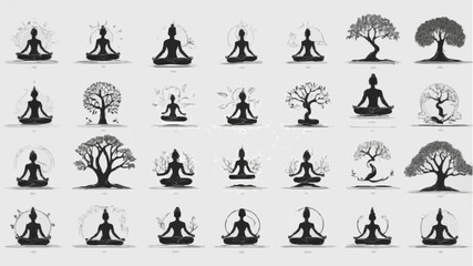 Naklejka premium Dark silhouettes of a Buddha figure and surrounding trees, set against a colorful twilight backdrop