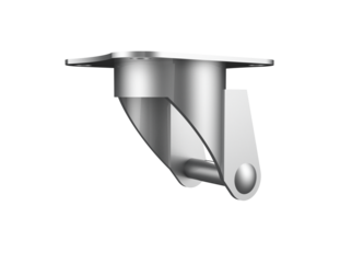 High definition 3D rendered illustration of a metal caster swivel bracket housing, silver industrial hardware component isolated, ready for attachment, on a PNG Transparent HD Background.
