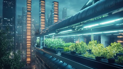 Fototapeta premium Urban Farming Oasis, rooftop garden with skyscrapers, sustainable future vision