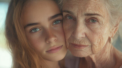 Two women with different ages, one is young and the other is old
