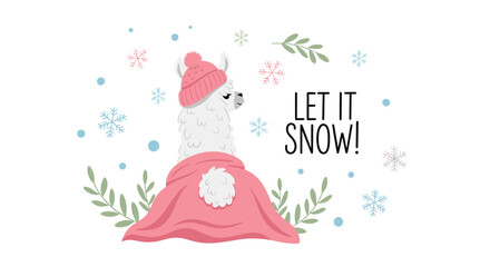 Cute cartoon llama wearing a pink hat and scarf with snowflakes and the text 'let it snow'.