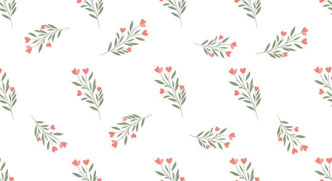 Seamless pattern with cute, whimsical sprigs featuring heart-shaped pink flowers and green leaves scattered on a clean white background.