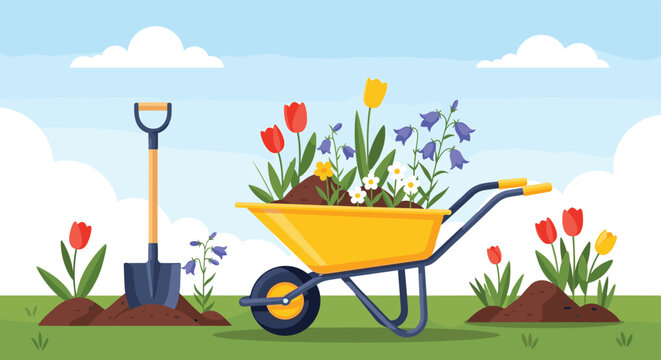 Spring garden scene featuring a wheelbarrow filled with colorful flowers next to a shovel and planted tulips and bluebells.