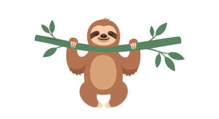 Naklejka premium Cute cartoon sloth hanging from a tree branch with green leaves.
