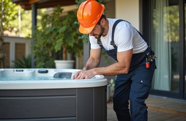 Plumber in orange helmet checks new hot tub on backyard patio. Spa technician works on luxury jacuzzi installation, water system check. Professional worker with tools inspects bathtub equipment