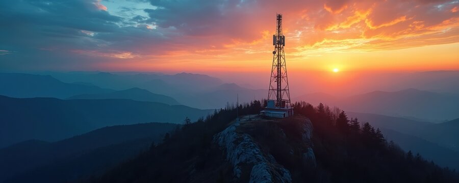 Silhouette of cell tower stands atop mountain against sunset sky. Communications technology wireless network depicted in scenic photo. Mobile connectivity represented with transmission infrastructure.