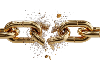 Broken gold chain with shards against a black background