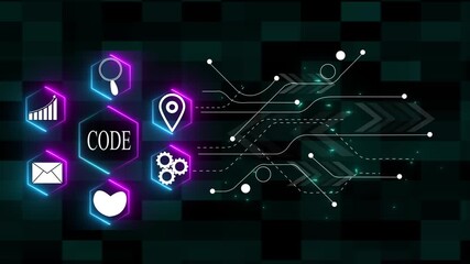 Digital network with icons for coding and technology on a dark grid background code programming - Powered by Adobe