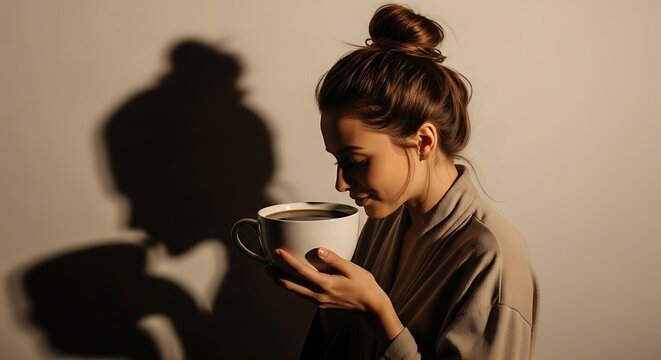 Woman in bathrobe enjoys aroma of freshly brewed coffee in morning sunlight