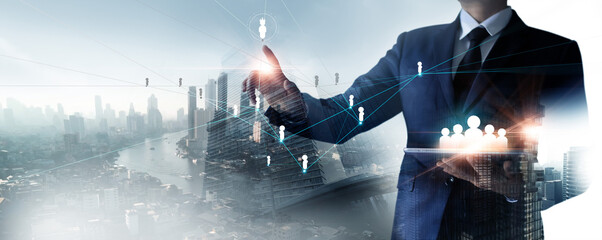 Businessman touching of global network structure HR - Human resources. Management and recruitment. CRM,  Teamwork, network and community, Customer, Digital Data exchanges.
