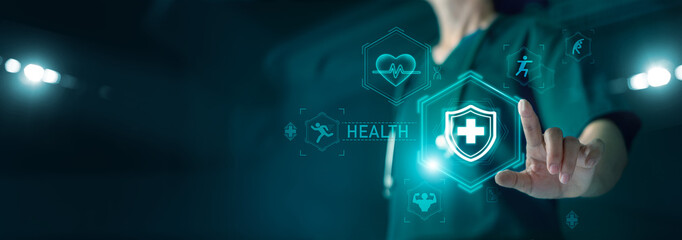 Healthcare and medical, Doctor working in hospital and Medical technology service to solve people health, healthy lifestyle and people exercising.