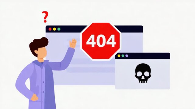 Cybersecurity threat concept with 404 error, skull, and stop sign. Flat illustration of malware, virus warning, and internet security risk.