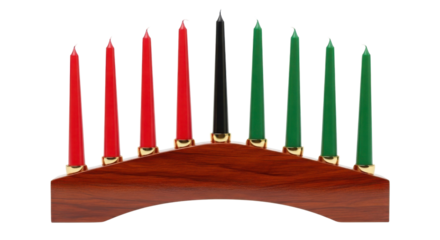 Traditional wooden Kinara with red, black, and green candles used for Kwanzaa celebration isolated PNG with Transparent Background