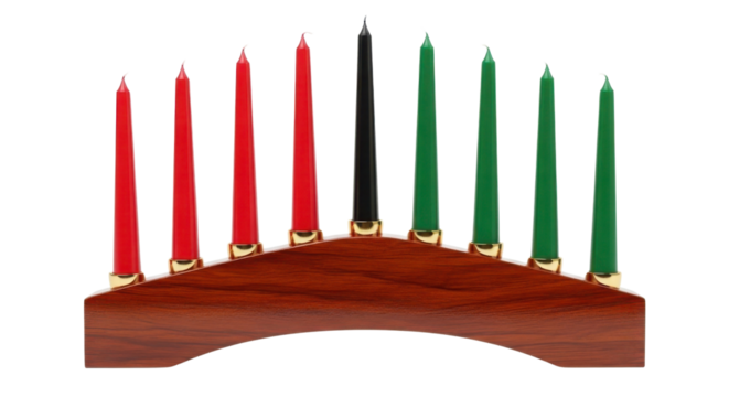 Traditional wooden Kinara with red, black, and green candles used for Kwanzaa celebration isolated PNG with Transparent Background