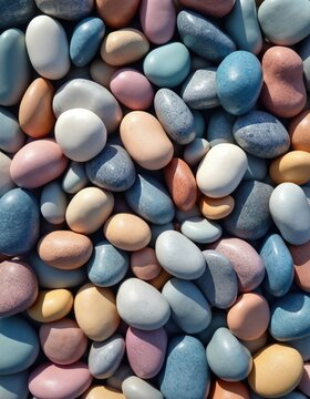 Pile of smooth colourful stones texture background. Assorted pebbles pattern in pastel colors. Natural mineral rocks backdrop. Colorful pebbles lying chaotically. Beach stones. Decorative surface.