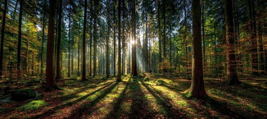 Naklejka premium A sunlit forest shows long shadows cast by trees with green leaves and a canopy