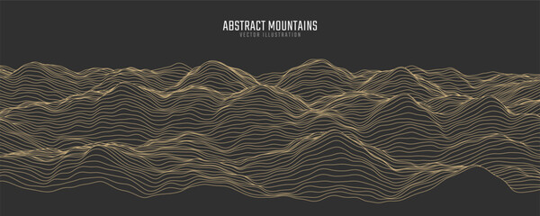 Contour mountain landscape. Waved line art. Abstract minimal topographic map. Contour lines with elevations and terrain depth. Vector illustration. © Igor