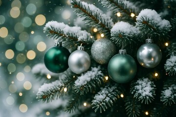 Obraz premium Close-up of snowy Christmas tree branches with green and silver baubles and glowing fairy lights, festive winter holiday background scene. Ai generative
