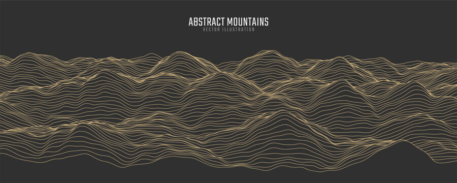 Contour mountain landscape. Waved line art. Abstract minimal topographic map. Contour lines with elevations and terrain depth. Vector illustration.