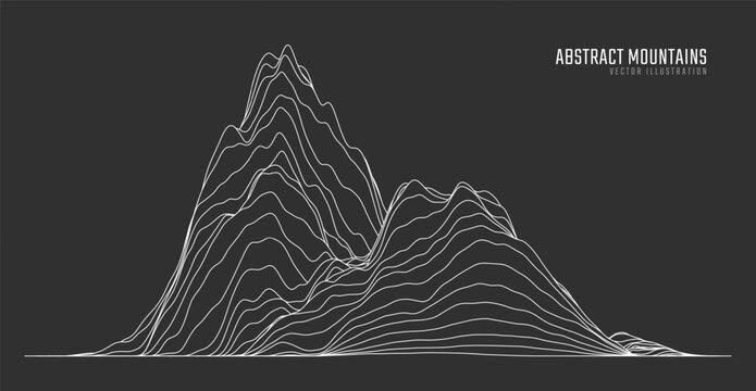 Contour mountain landscape. Waved line art. Abstract minimal topographic map. Contour lines with elevations and terrain depth. Vector illustration.