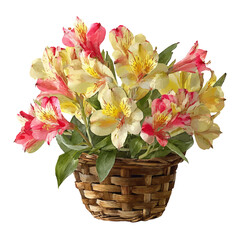 Watercolor Alstroemeria Basket vector, artistic painting style, high-resolution illustration on a pure white background.
