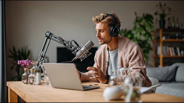 Young Man Podcasting at Home: Recording Content with Professional Microphone and Laptop in Cozy Studio.